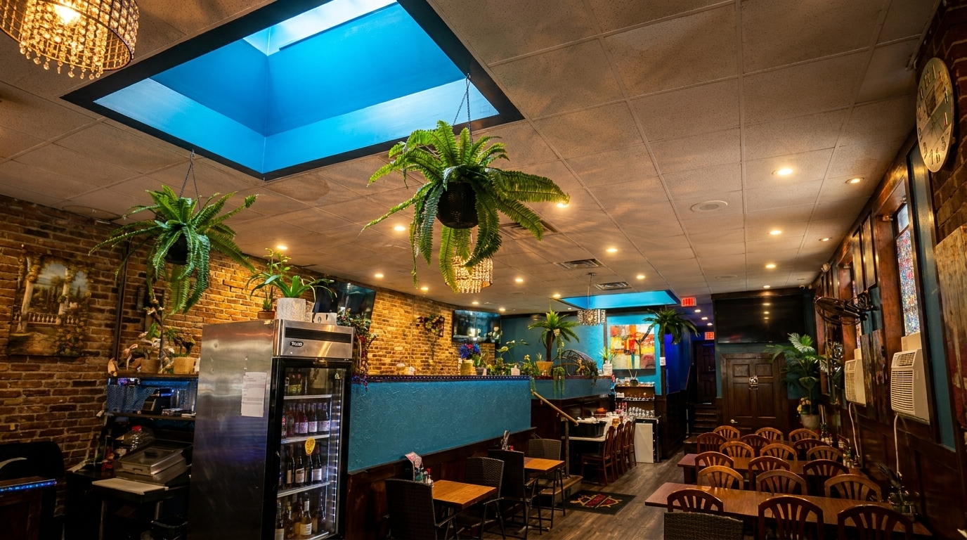Restaurant interior with brick walls, blue accents, hanging plants, skylights, and wooden tables.