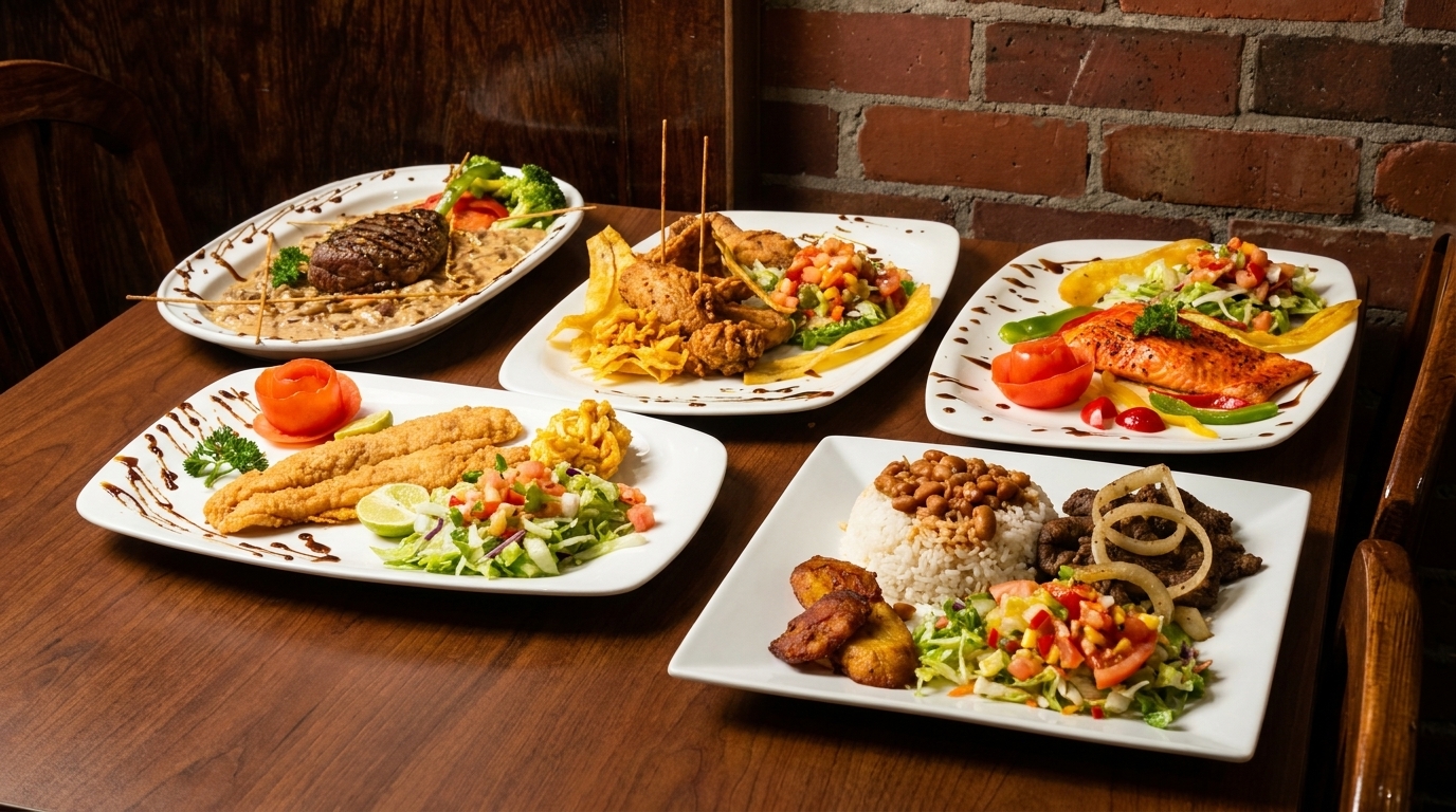 Five diverse plates of Latin American cuisine, including steak, fried fish, salmon, and rice with beans.