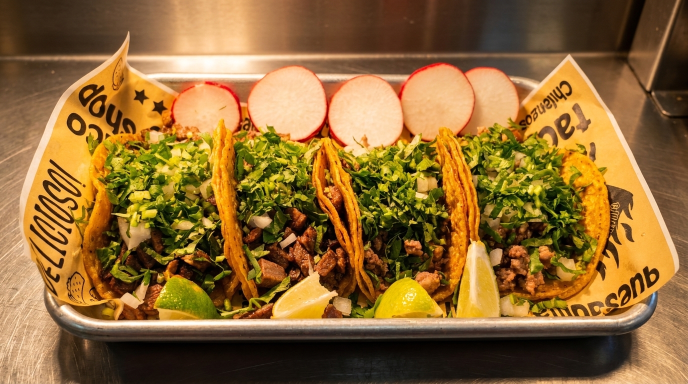 Six street tacos with meat, cilantro, and onions, served with lime wedges and radish slices.