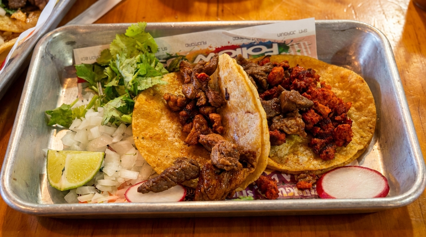 Two street tacos with various meats, cilantro, diced onions, lime, and radish on a metal tray.
