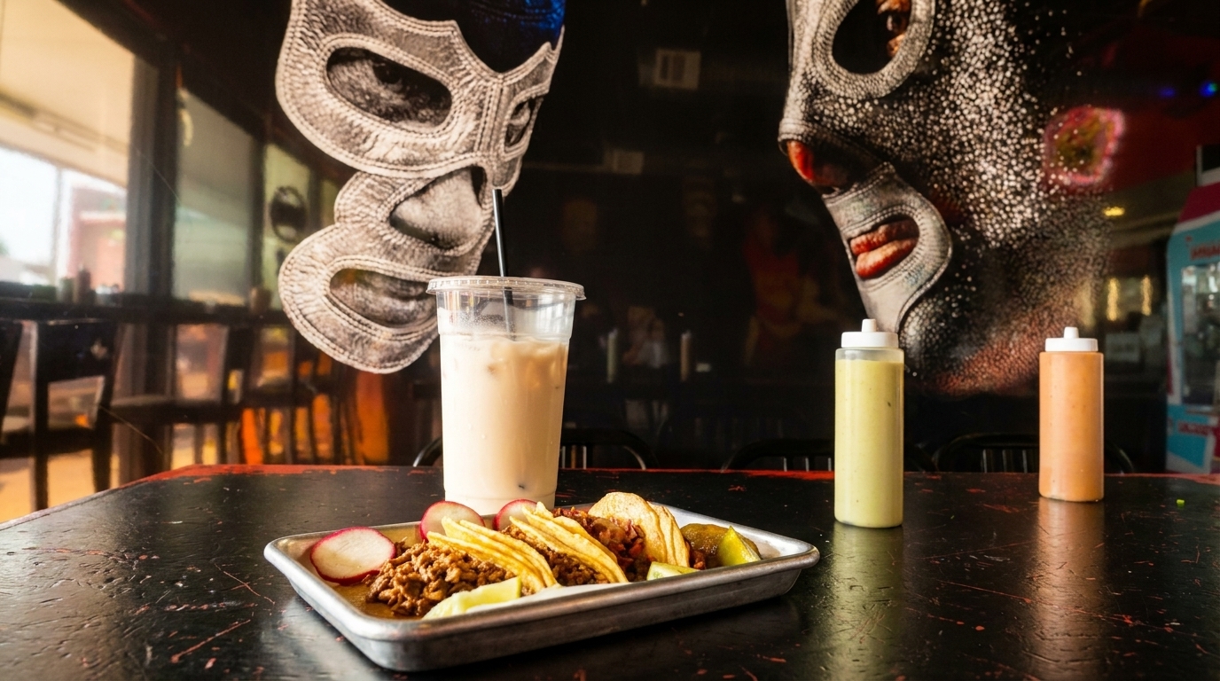 Tacos, a drink, and sauces on a table with lucha libre masks painted on the wall.