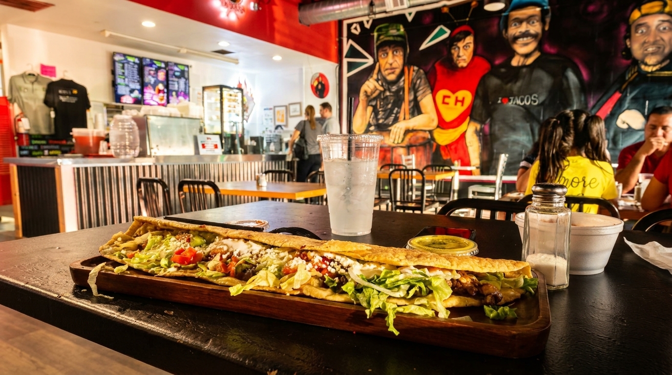 A long, loaded Mexican quesadilla on a wooden tray with a drink in a vibrant restaurant.