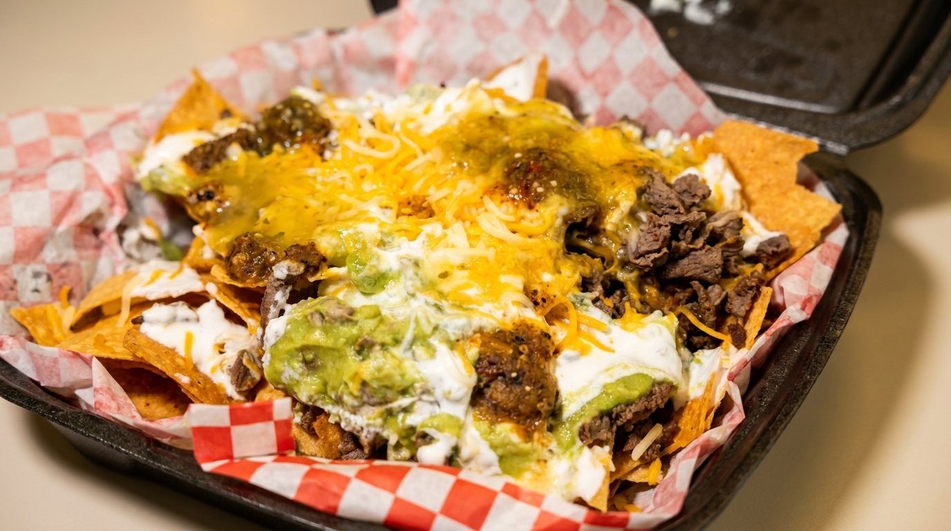 Close-up of loaded nachos with melted cheese, guacamole, sour cream, and steak in a takeout container.
