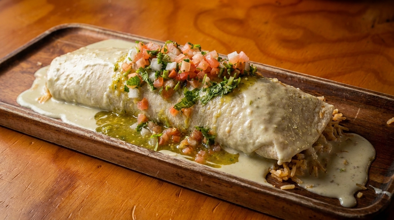 A large burrito covered in creamy green sauce and pico de gallo, served on a wooden tray.