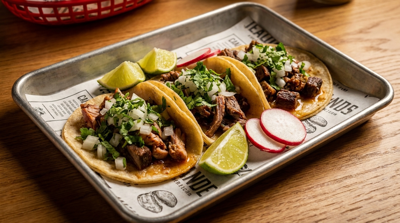 Three street tacos with meat, onions, cilantro, lime wedges, and radish slices on a metal tray.