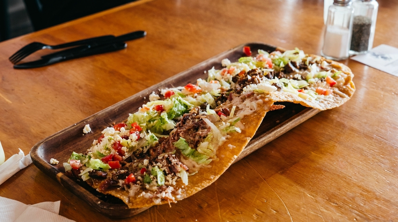 A large, crispy tortilla topped with shredded meat, lettuce, tomatoes, and cheese on a wooden tray.