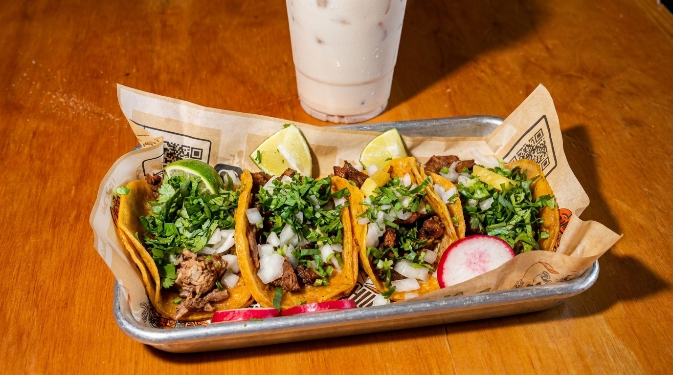 Five street tacos with meat, onions, cilantro, lime, and radish on a tray with a drink.