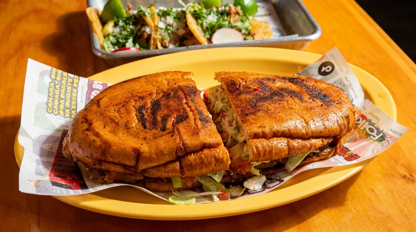 A large, grilled Mexican torta sandwich, cut in half, on a yellow plate with tacos in the background.
