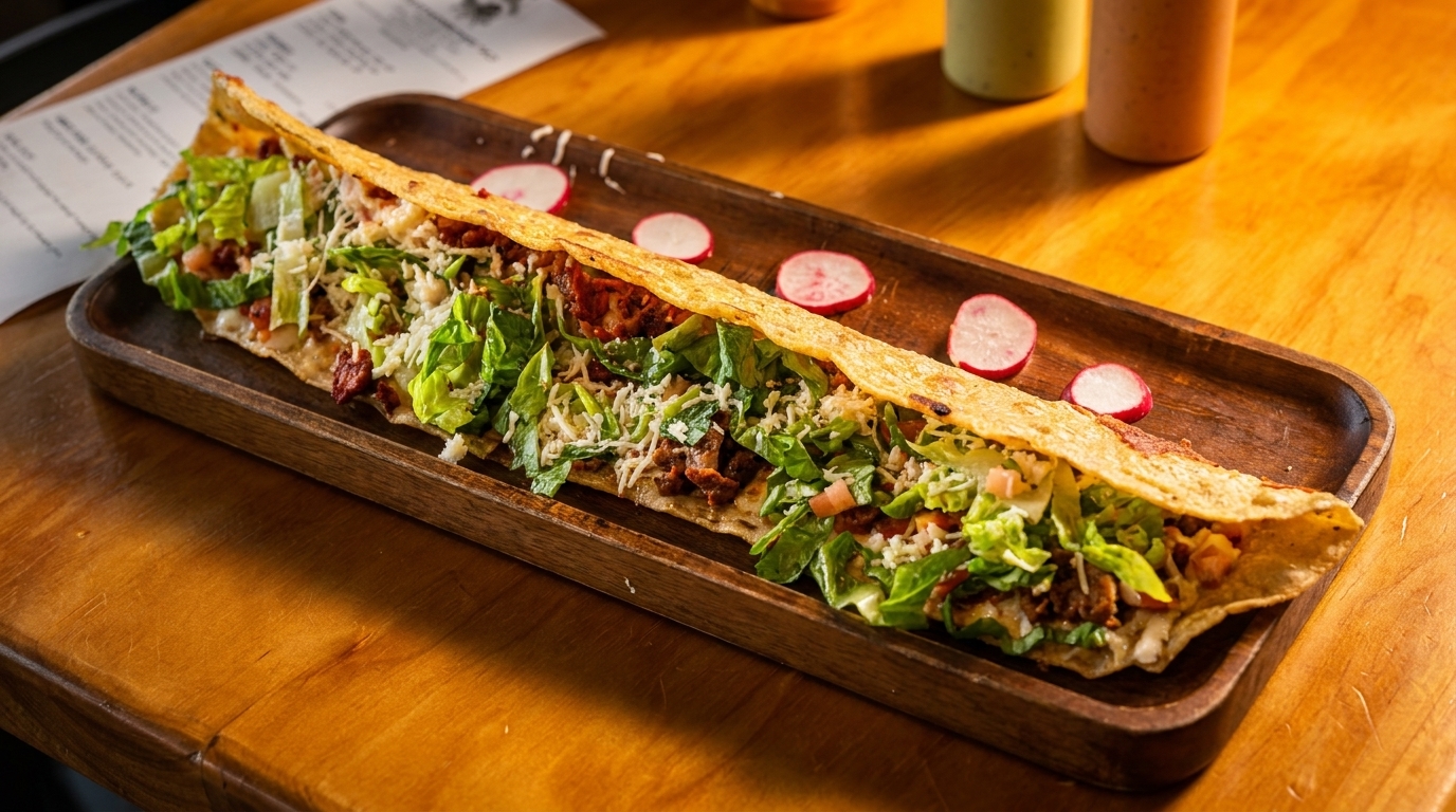 Long, open-faced taco on a wooden tray, filled with meat, lettuce, cheese, and radishes.