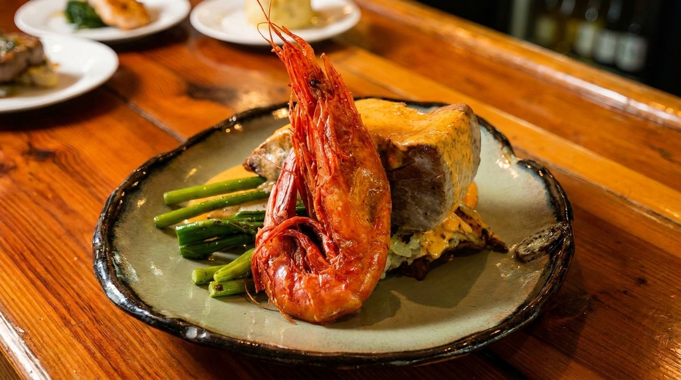 A large grilled prawn, asparagus, and a piece of meat with sauce on a plate.