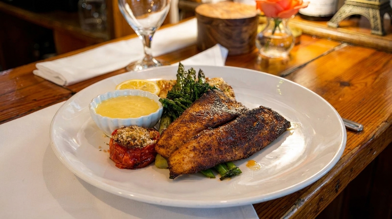 Blackened fish with asparagus, a baked tomato, and lemon sauce on a white plate.