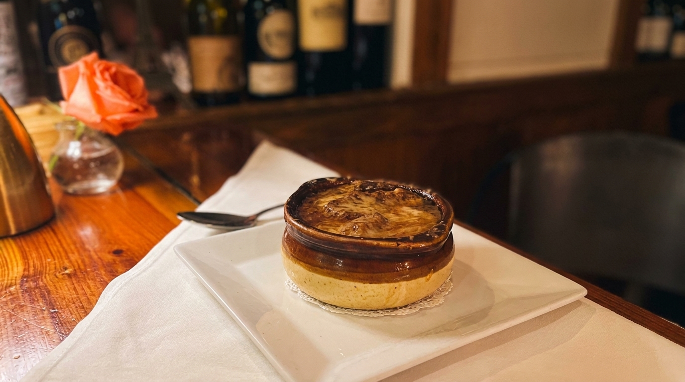 French onion soup in a crock with melted cheese, on a white plate with a rose and wine bottles.