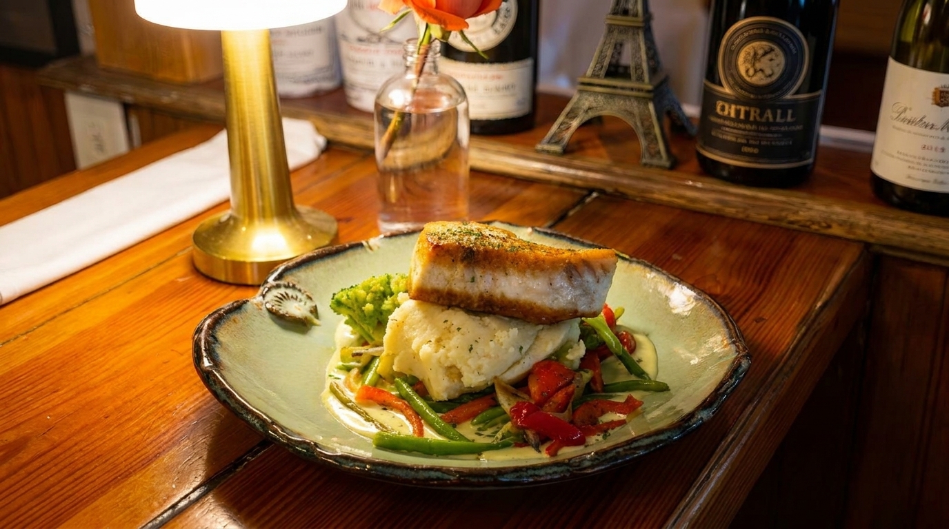 Seared fish over mashed potatoes and vegetables on a plate, with wine bottles in the background.