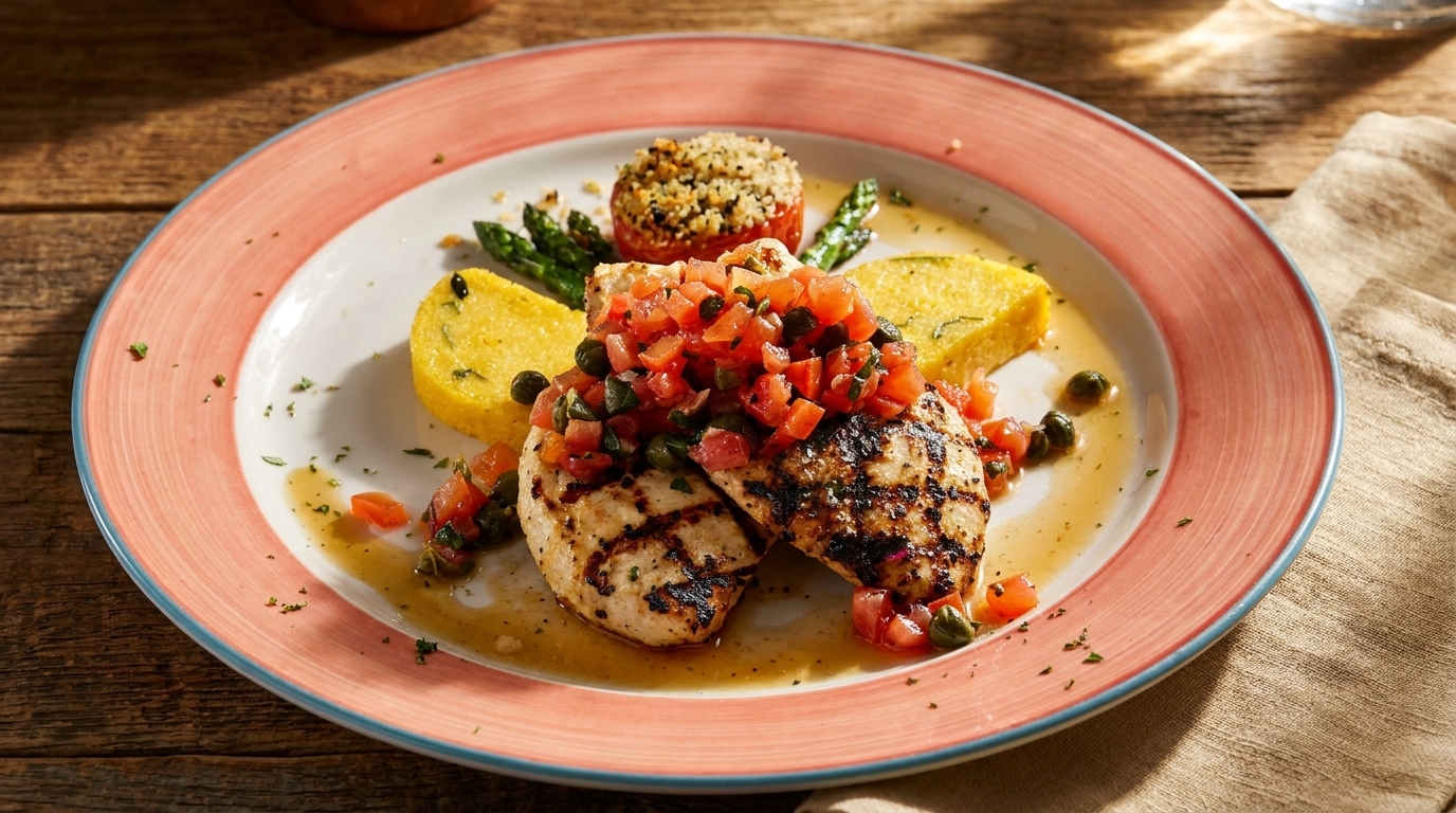 Grilled chicken with tomato bruschetta, polenta, asparagus, and a breaded tomato on a rustic plate.