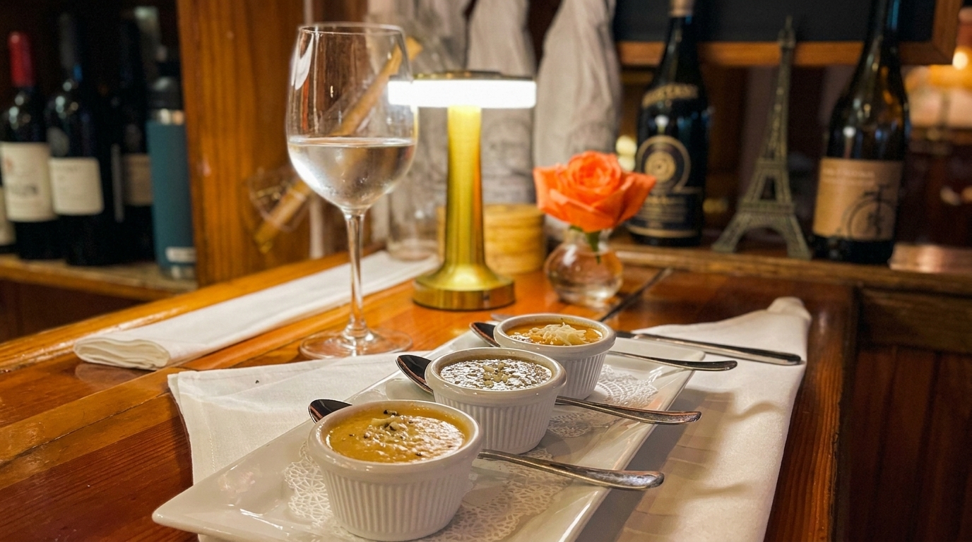 Three small bowls of soup on a white tray, with a wine glass and decor in the background.