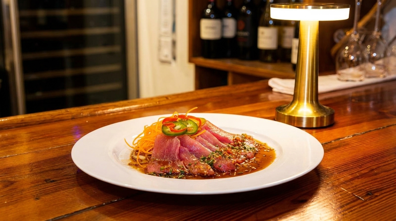 Seared tuna with sauce, shredded carrots, and sliced peppers on a white plate on a wooden bar.