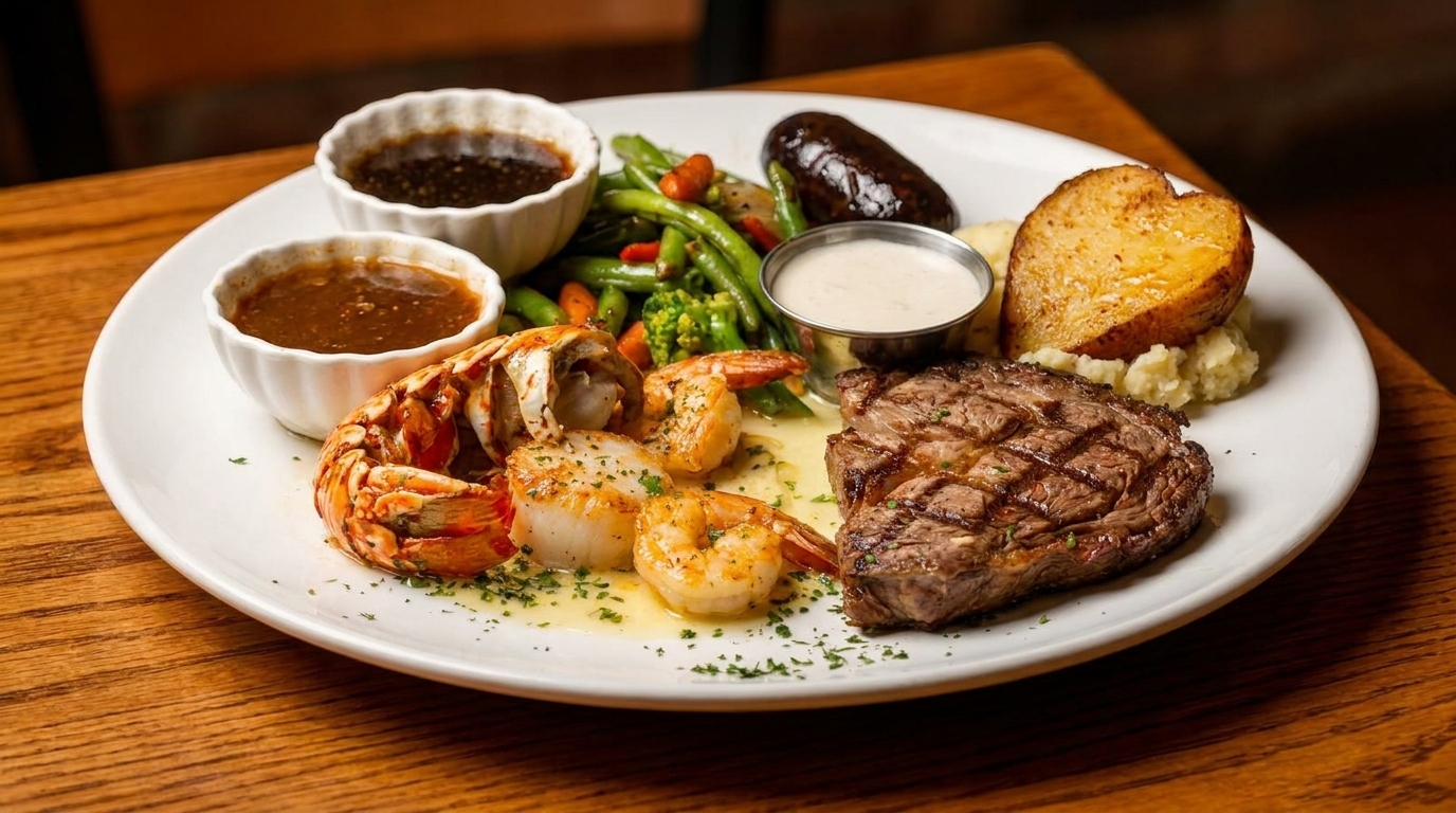 Surf and turf platter with steak, lobster, shrimp, scallops, vegetables, potato, and sauces.
