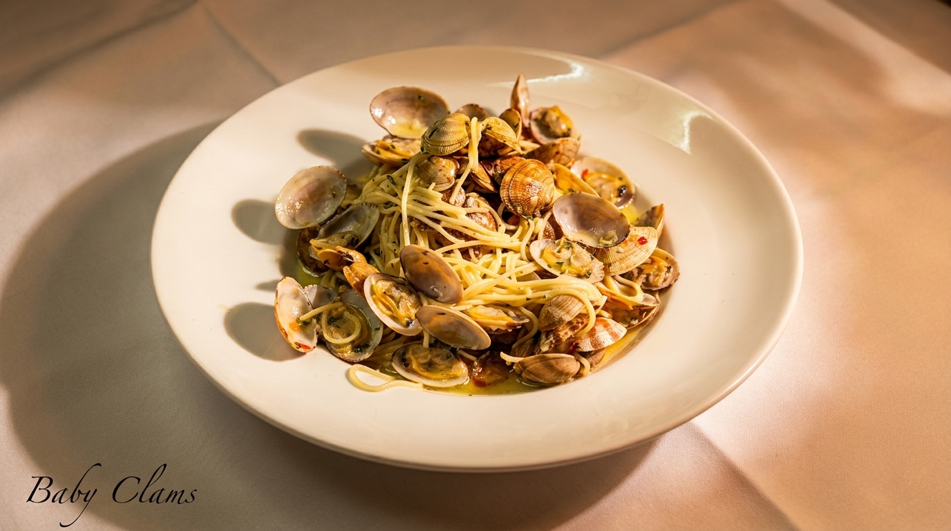 A white plate filled with spaghetti and numerous baby clams in a light sauce.
