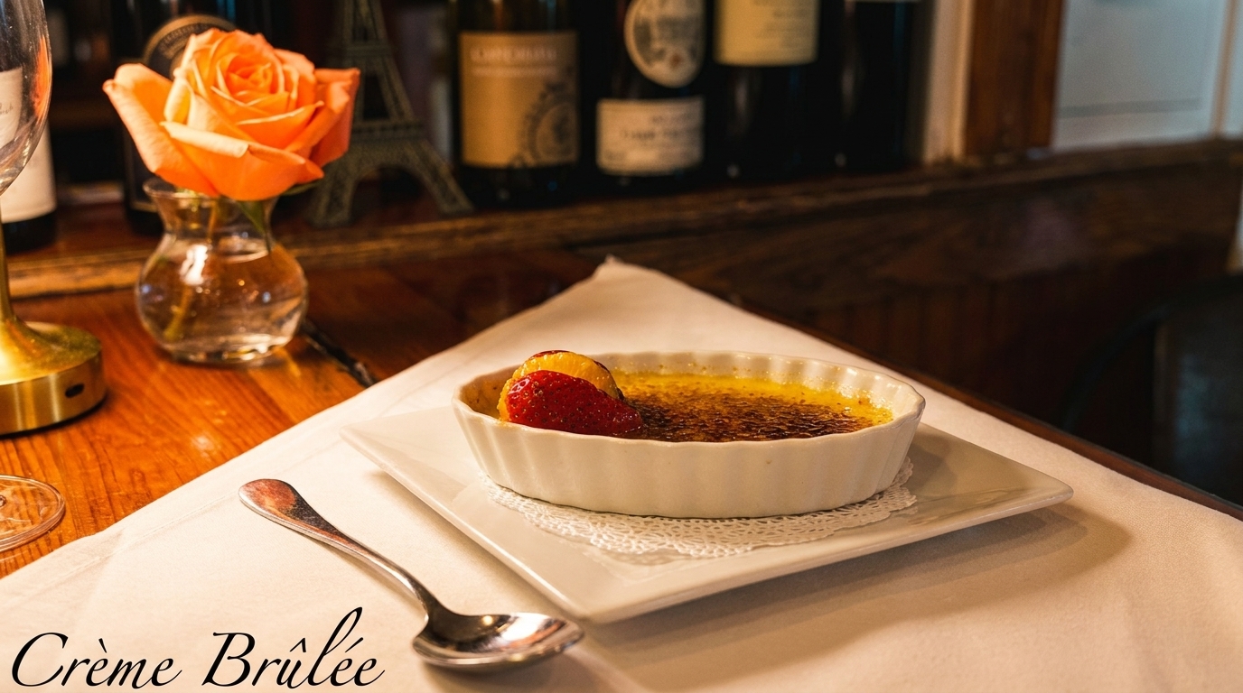 Crème brûlée with strawberry and orange garnish, spoon, and rose on a wooden table.