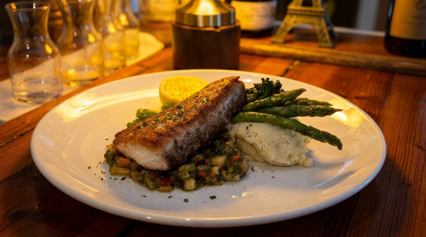 Pan-seared fish with asparagus, mashed potatoes, and salsa on a white plate.