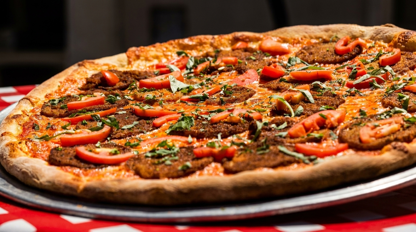 Large pizza with crispy eggplant, sliced tomatoes, and fresh basil on a red and white checkered tablecloth.