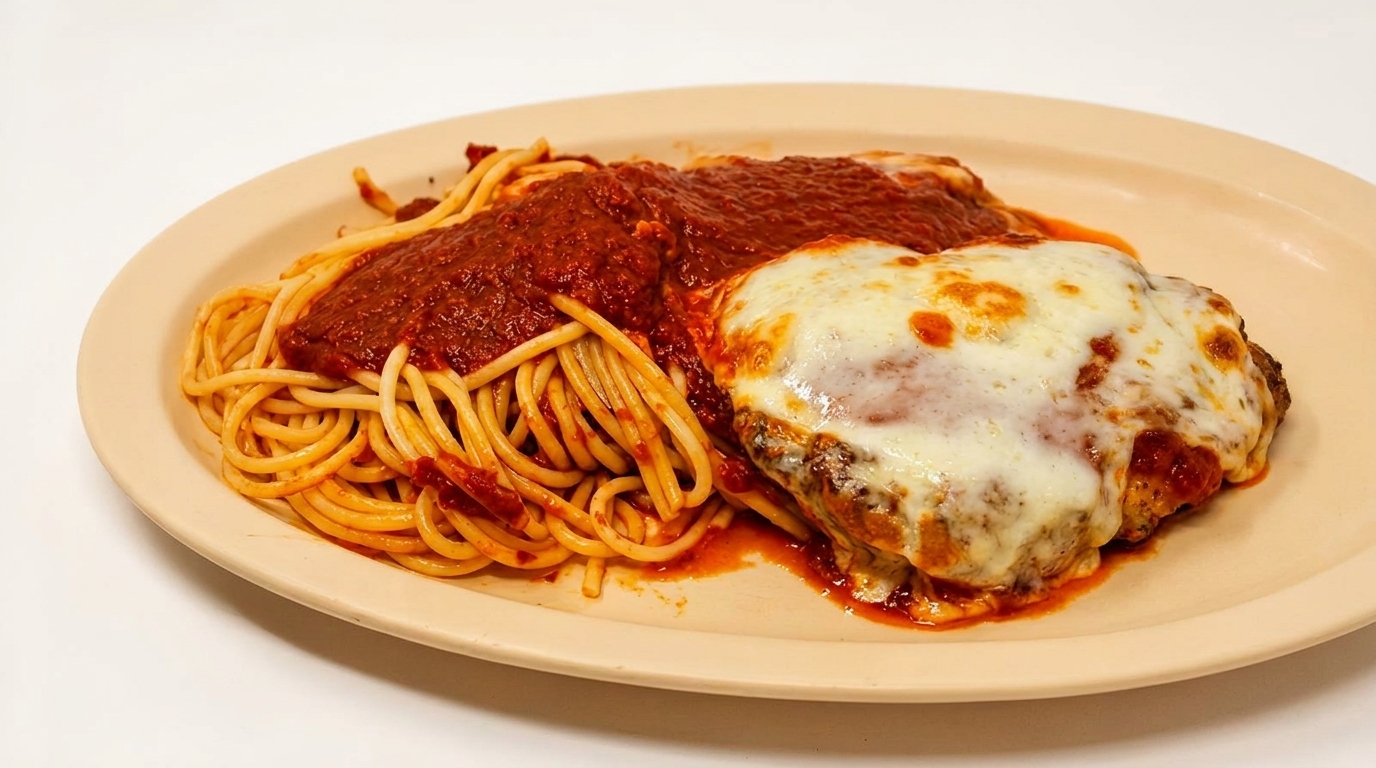 Spaghetti with red sauce and a chicken parmesan cutlet covered in melted cheese on a beige plate.