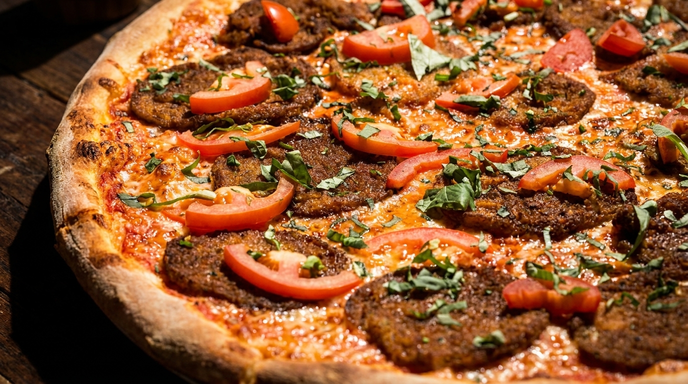 Close-up of a pizza topped with tomato sauce, cheese, sliced tomatoes, and dark, round toppings.