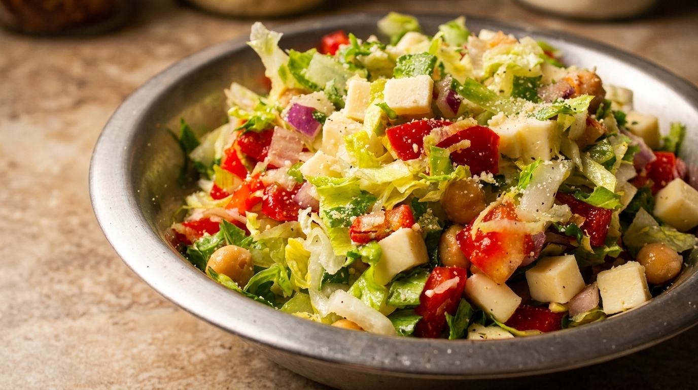 Close-up of a vibrant salad with lettuce, red peppers, chickpeas, and cheese cubes in a metal bowl.