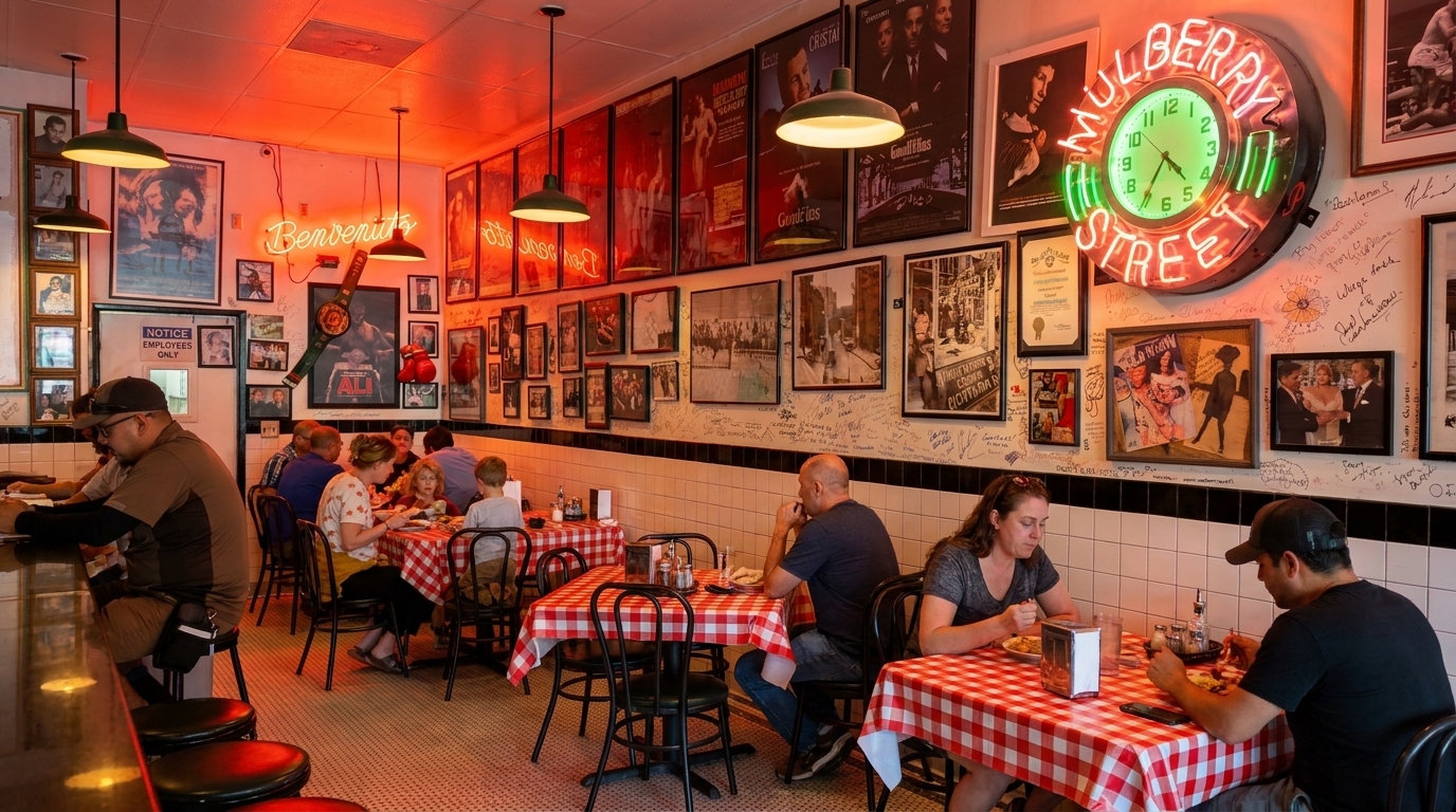 Diners eat at tables with red-and-white checkered tablecloths in a restaurant with movie posters and memorabilia.