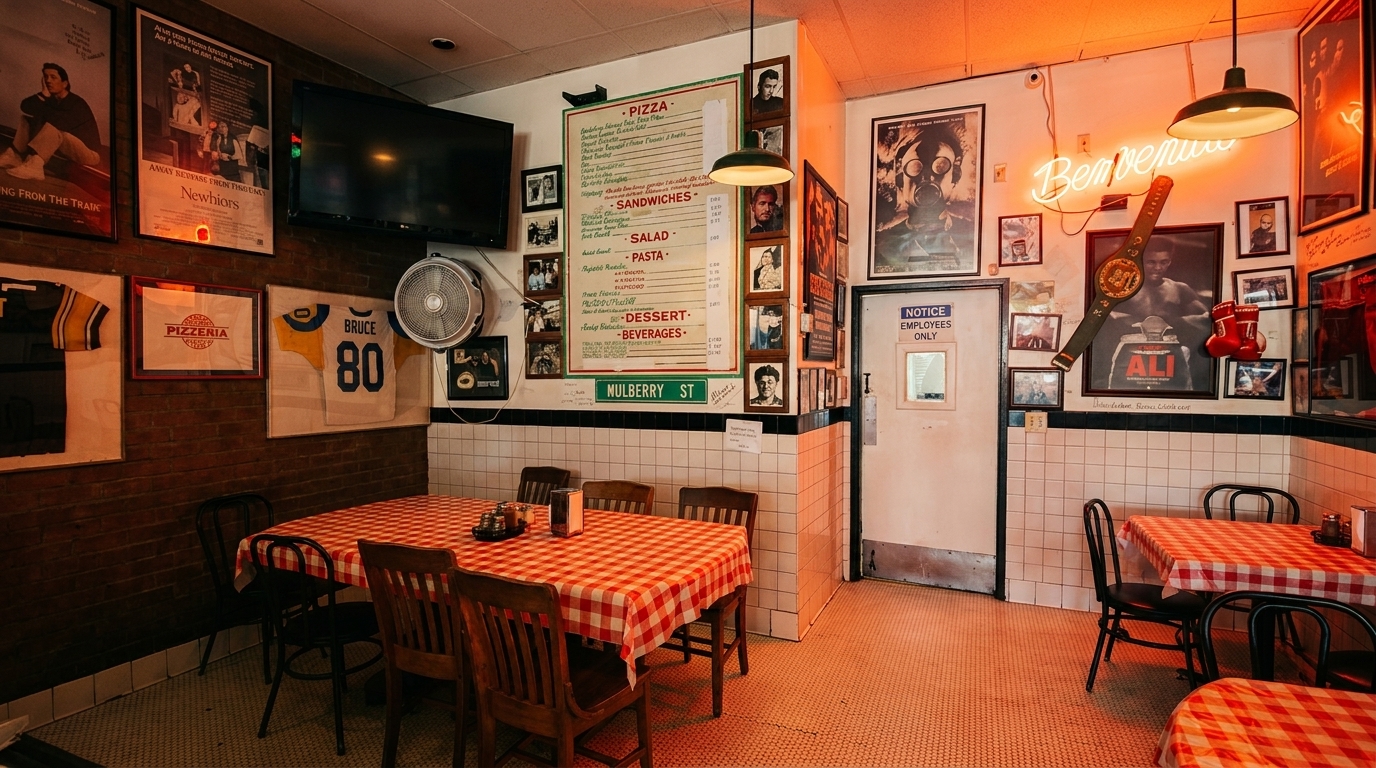 Cozy pizzeria interior with red and white checkered tablecloths, brick walls, and movie posters.