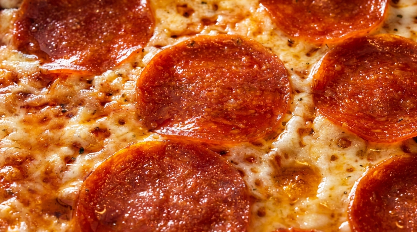 Close-up of a hot pepperoni pizza with melted cheese and glistening pepperoni slices.