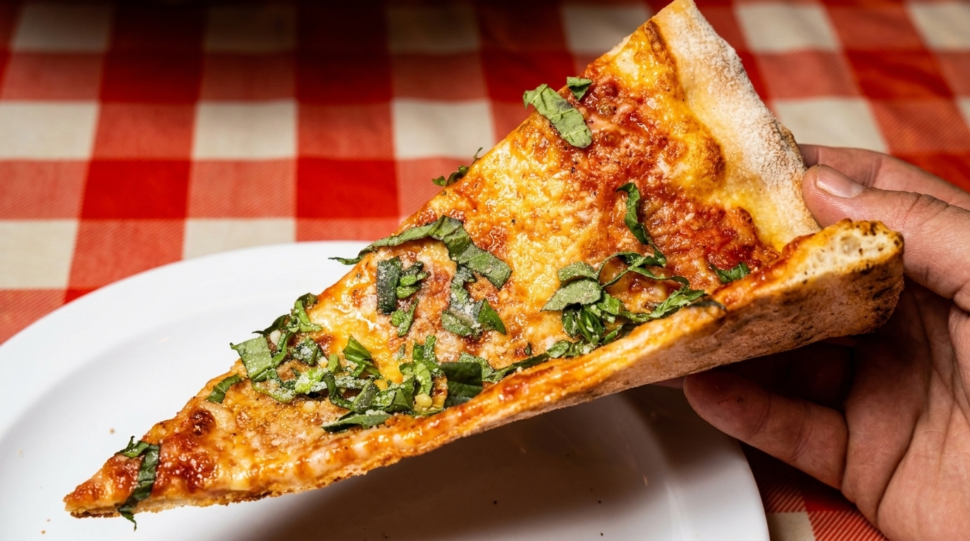 A hand holds a slice of cheese pizza with basil over a white plate and red checkered tablecloth.