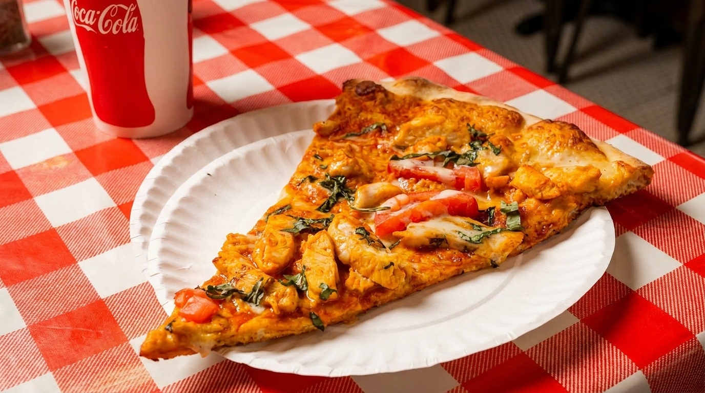 A slice of chicken pizza with tomatoes and basil on a paper plate, next to a Coca-Cola cup.