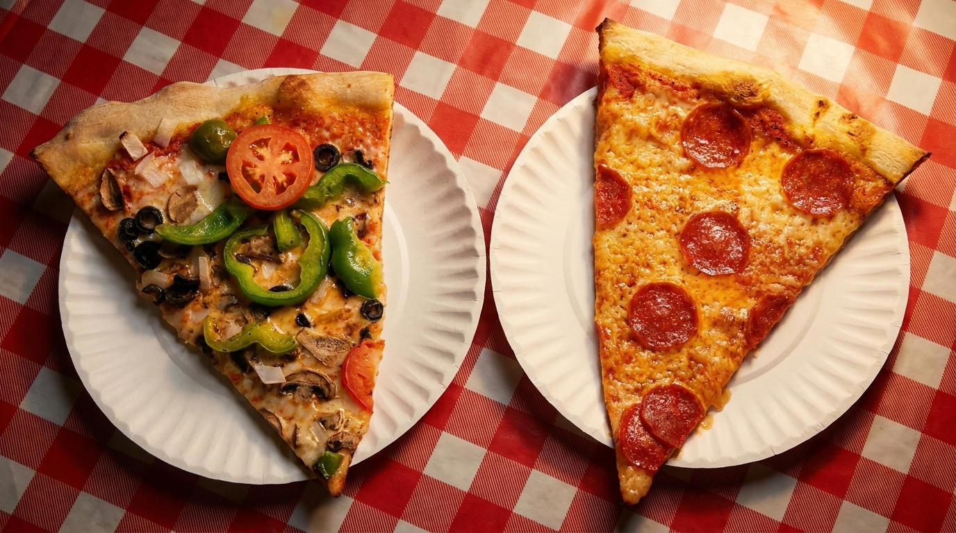 Two pizza slices, one pepperoni and one supreme, on paper plates over a red and white checkered tablecloth.