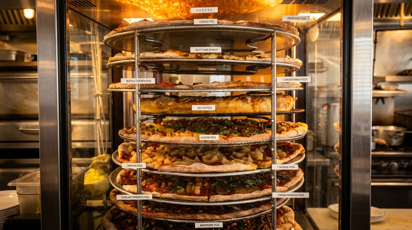 A rotating display case filled with various pizzas, including cheese, pepperoni, and Sicilian.