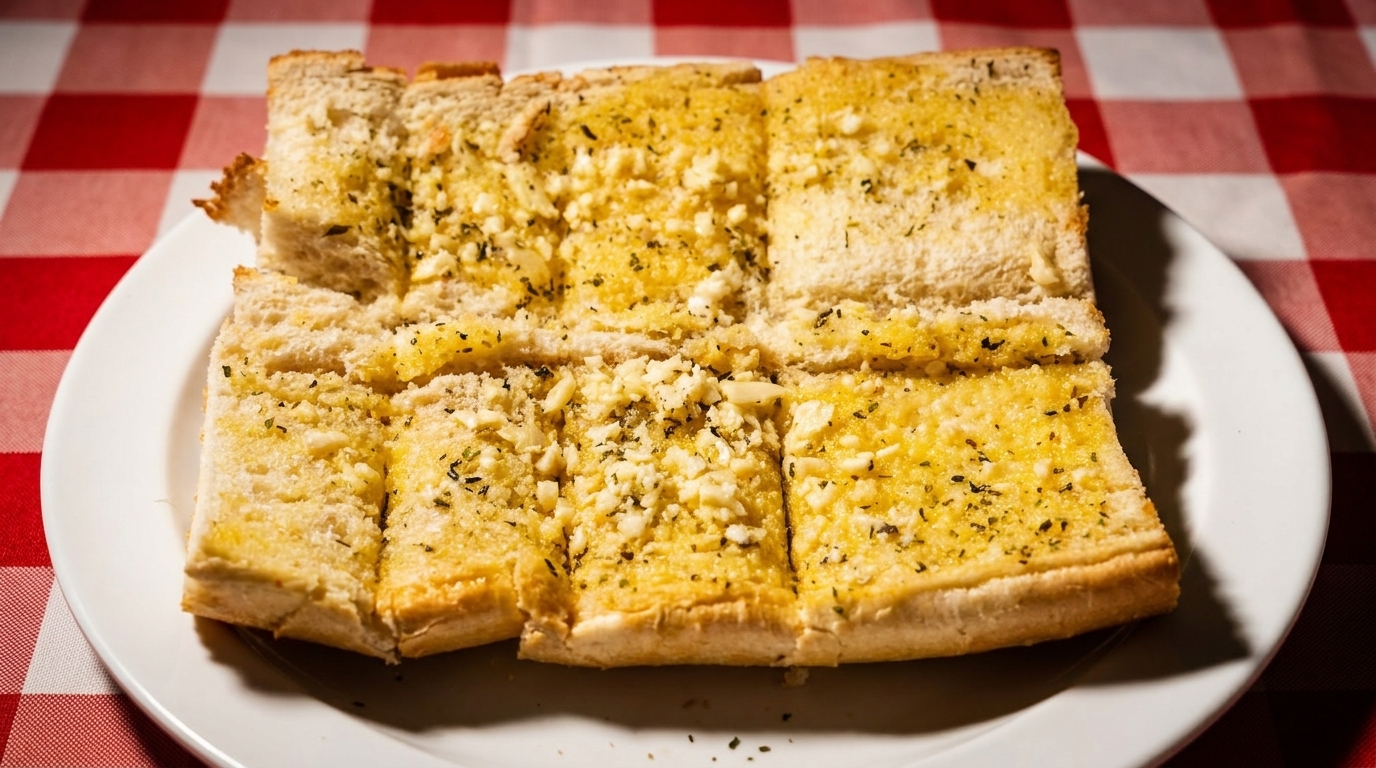 Garlic bread slices, topped with herbs and minced garlic, on a white plate over a red and white checkered tablecloth.