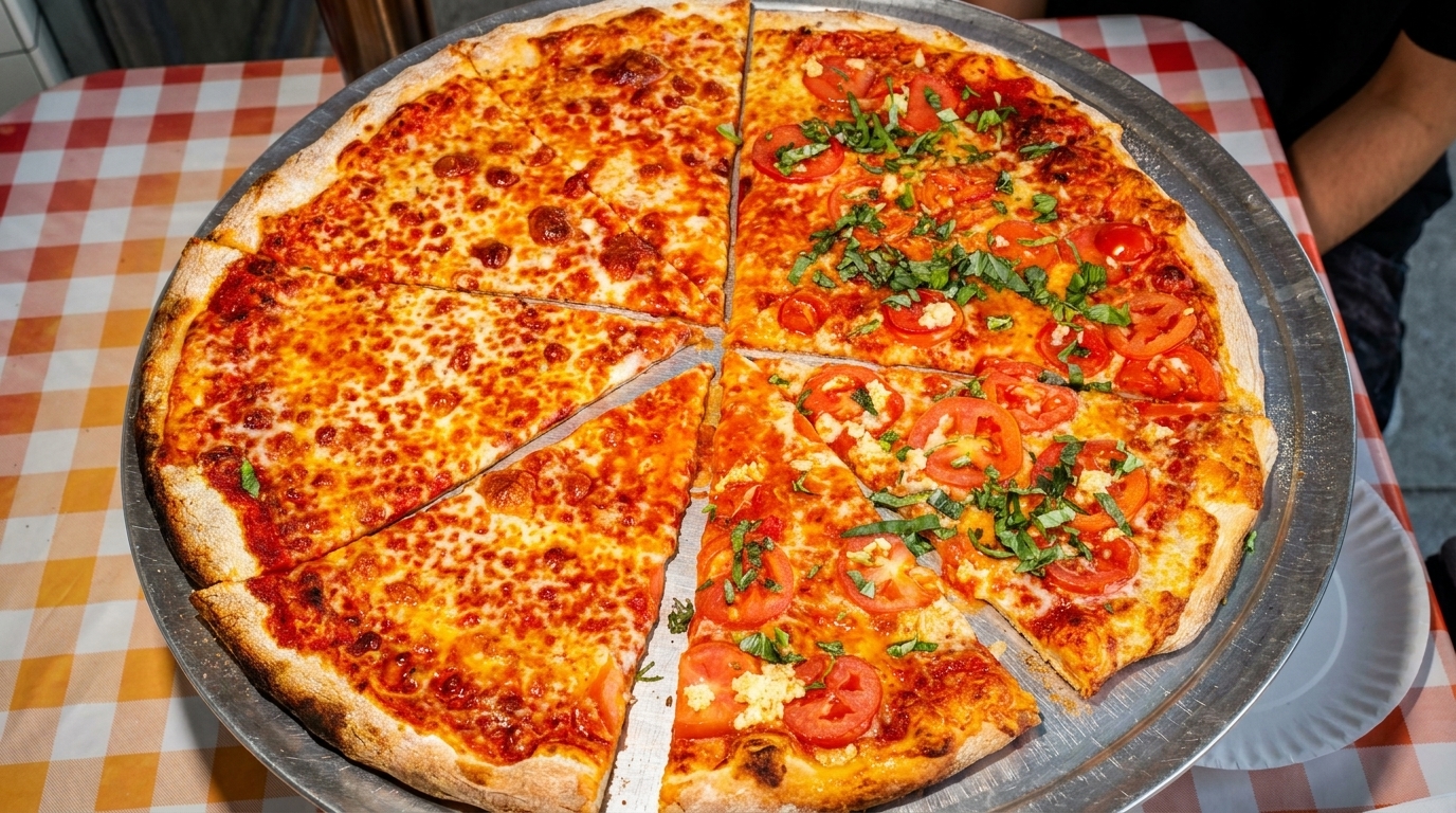 A large pizza, half cheese and half Margherita, on a metal tray over a red and white checkered tablecloth.