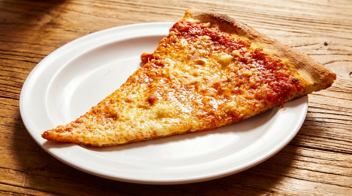 A single slice of cheese pizza with red sauce on a white plate, on a rustic wooden table.