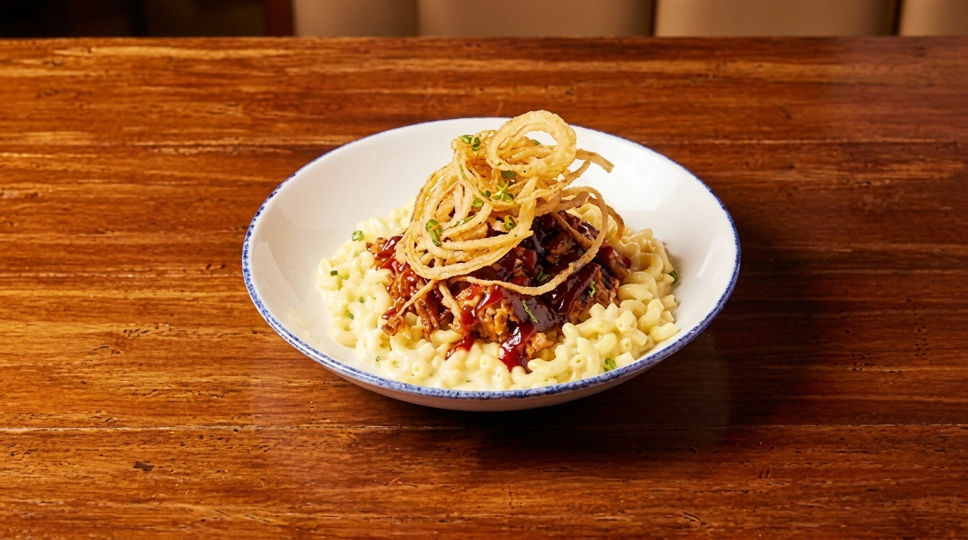 Macaroni and cheese topped with pulled pork, BBQ sauce, crispy fried onions, and chives.