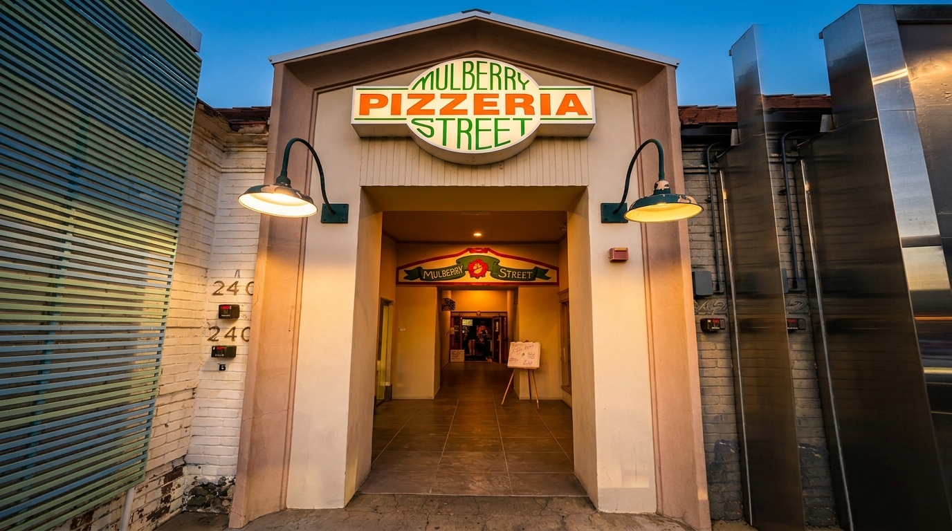 The illuminated entrance to Mulberry Pizzeria Street, with a sign above the archway and a smaller sign inside.