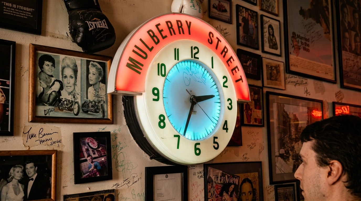 A neon "Mulberry Street" clock with a blue face hangs on a wall filled with framed photos and signatures.