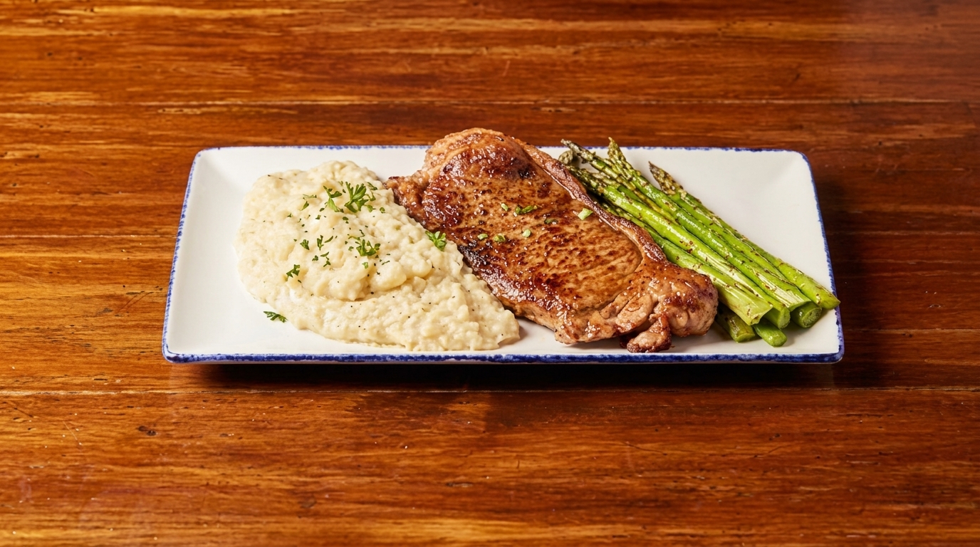 Grilled steak, mashed potatoes, and asparagus on a white rectangular plate on a wooden table.