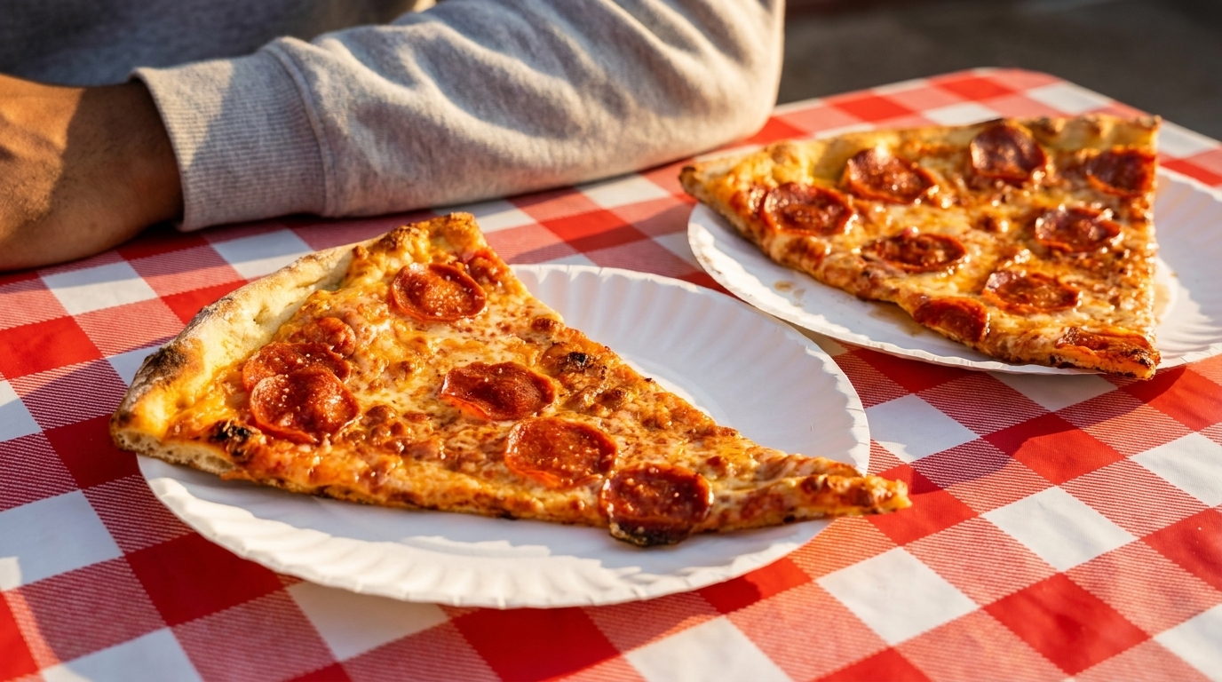 Two pepperoni pizza slices on paper plates, on a red and white checkered tablecloth.