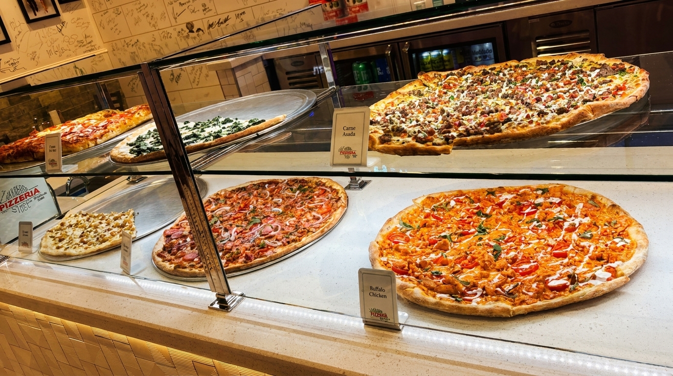 A display case filled with various pizzas, including Buffalo Chicken, Carne Asada, and spinach.