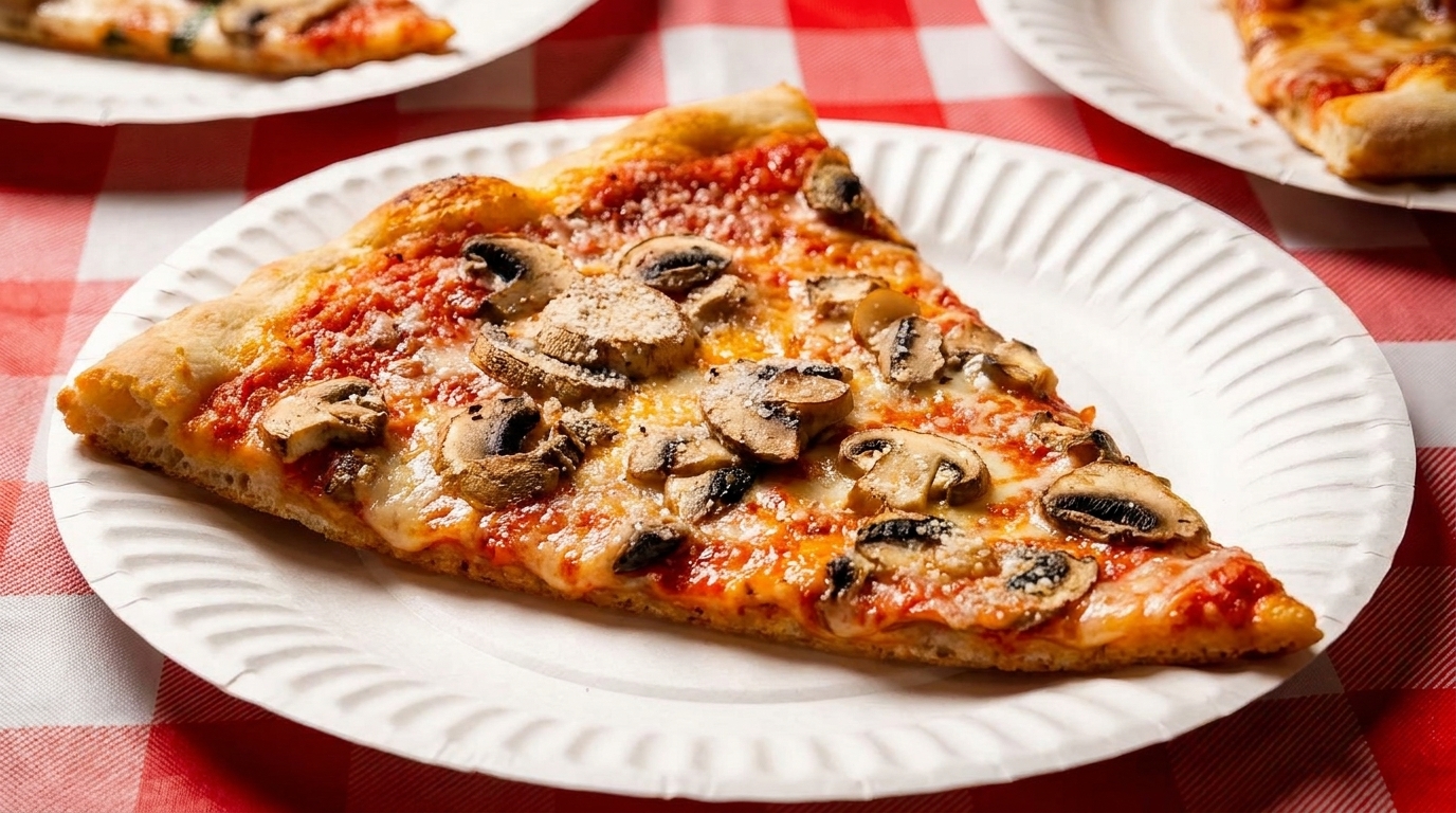 Mushroom pizza slice on a white paper plate, resting on a red and white checkered tablecloth.