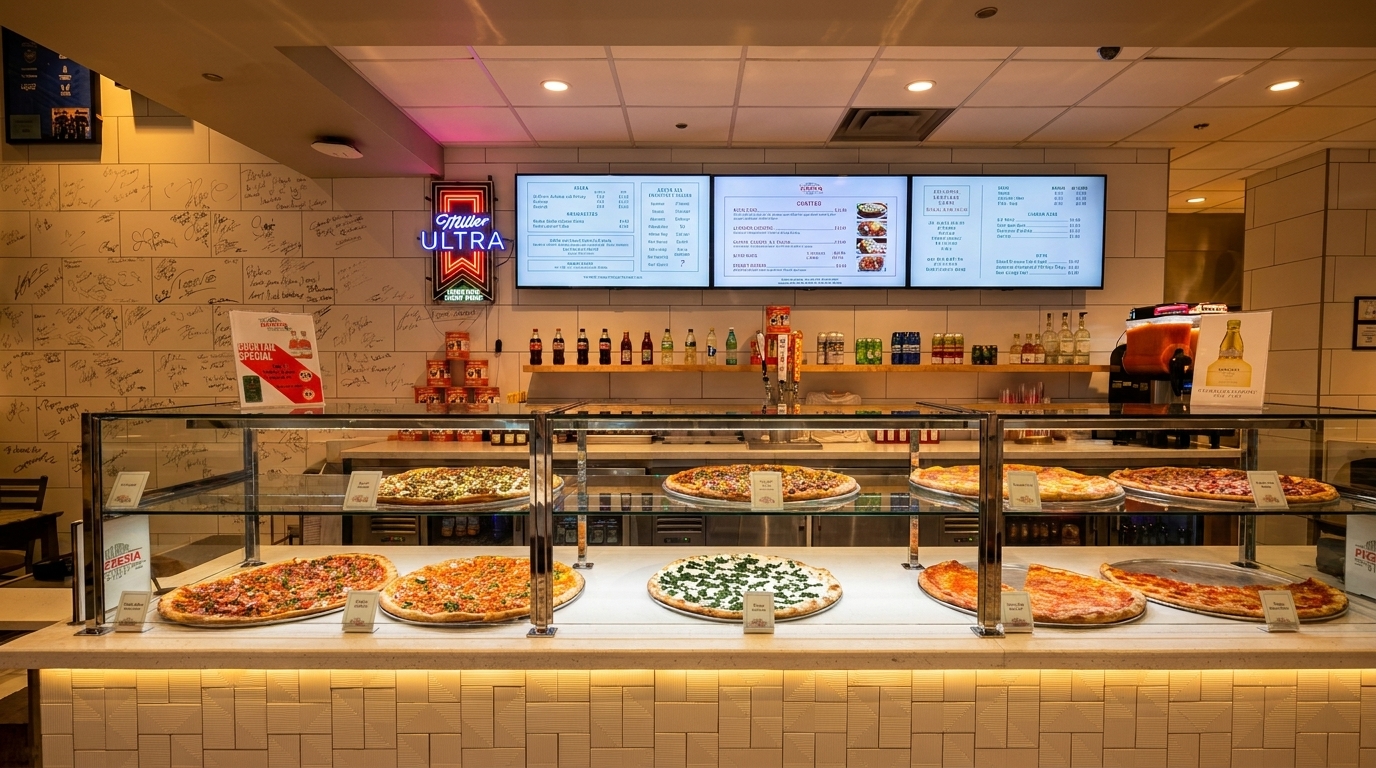 A pizza counter with various whole pizzas on display, menu boards, and a Miller Ultra neon sign.