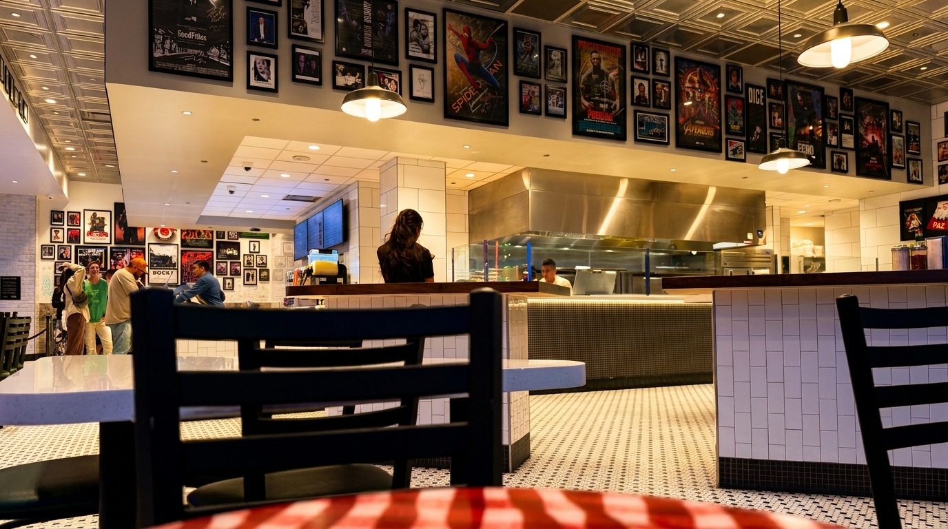 Restaurant interior with movie posters, checkered floor, and people at a counter and tables.