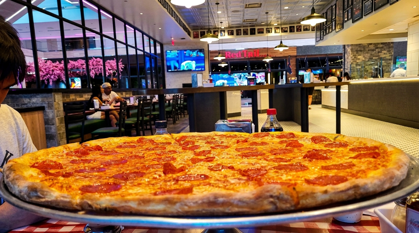 A large pepperoni pizza on a stand in a restaurant with people dining in the background.