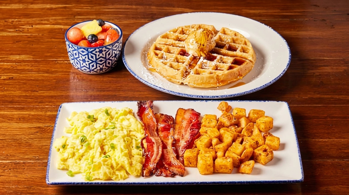 A breakfast spread with scrambled eggs, bacon, home fries, a waffle, and a fruit cup.