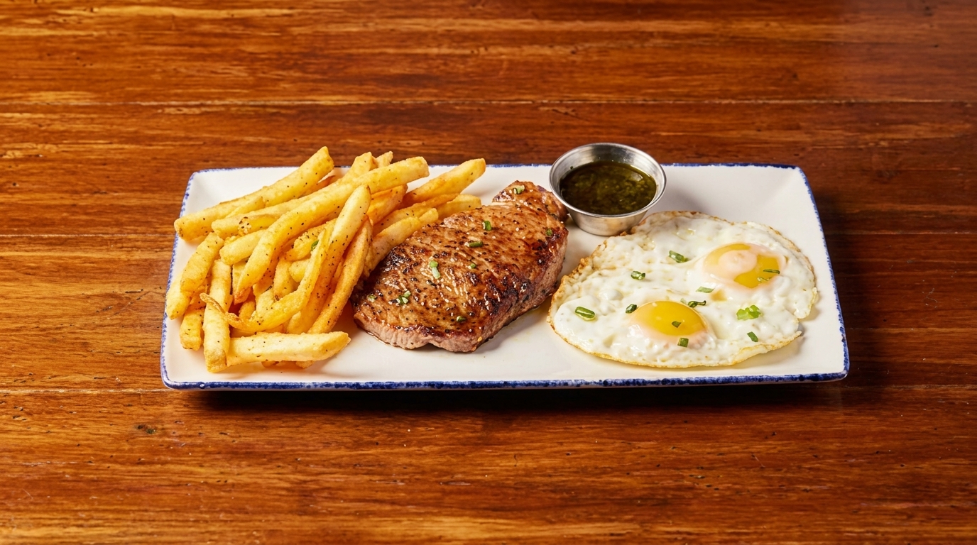 Grilled steak, golden french fries, and two fried eggs with green sauce on a white plate.